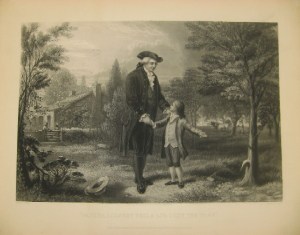 Sketch of young George confessing to chopping down the cherry tree in the 1867 edition of the "Life of Washington" biography