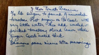 Yellow tomato preserves handwritten